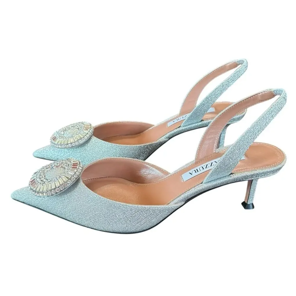 Aquazzura Crystal Hoop 50 Slingback Pumps Kitten Heel Silver NEW EU 37 US 7